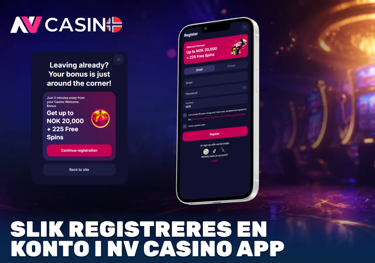 Registrering av ny konto i appen for å aktivere velkomstbonus og begynne å spille.